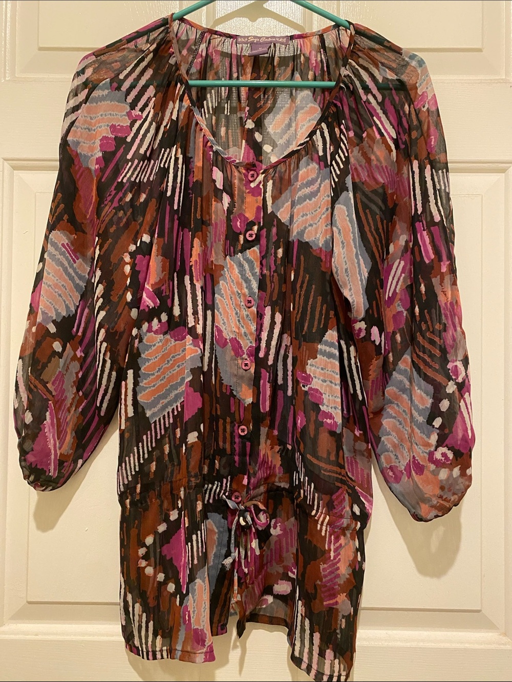 Sheer Button-Front Women’s Blouse in Brown & Pink Print